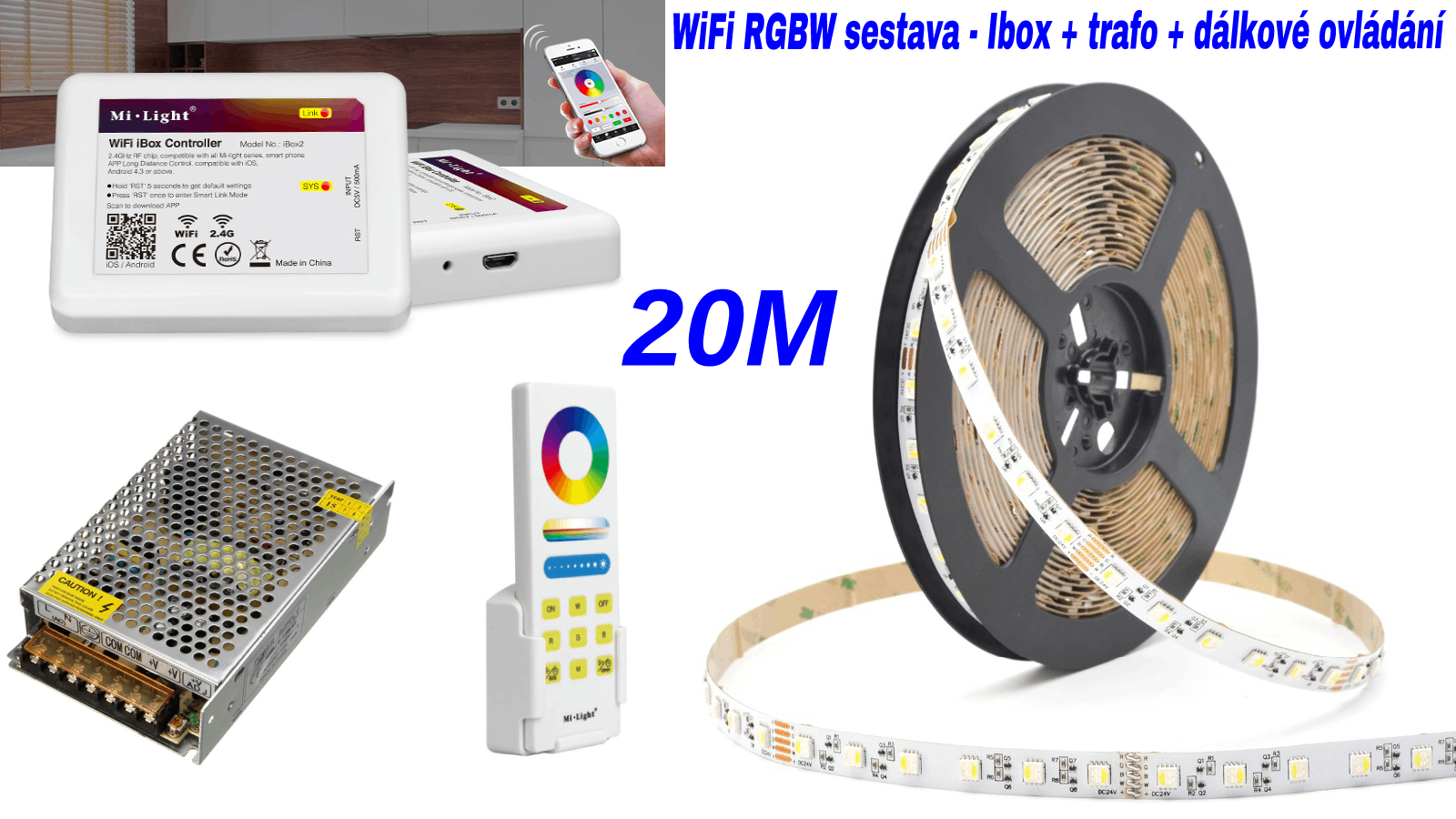 20m RGBW WiFi LED sestava | 12W/m | 60LED/m | PROFI | LED 4v1 | 
