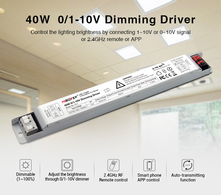 Stmívatelný LED driver Mi-Light PL1 | 0/1-10V | RF 2,4GHz | WIFI | 40W | 900mA |