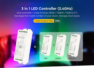 RF řídící jednotka 3v1 Mi-Light ML037P+ pro RGB, RGBW, RGB+CCT pásky | 12V-36V | 20A | 