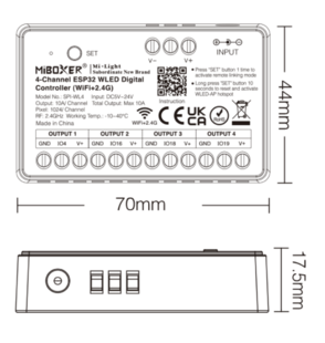 SPI kontroler Mi-Light SPI-WL4 pro digitální pásky | 2,4G+WIFI | 4 zóny | 4096 pixel | 5-24V | ESP32