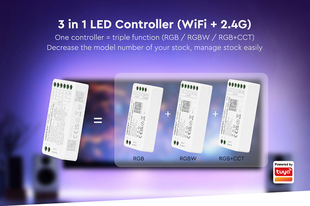WiFi řídící jednotka 3v1 Mi-Light 037W+ pro RGB, RGBW, RGB+CCT pásky | 12V-24V |12A| TUYA | WIFI |